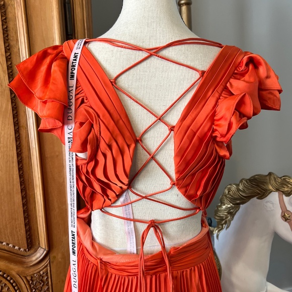 NWT Mac Duggal 26729 [12] Pleated Ruffled Cap Sleeve Cut Out Lace Up Gown Orange - Picture 7 of 12